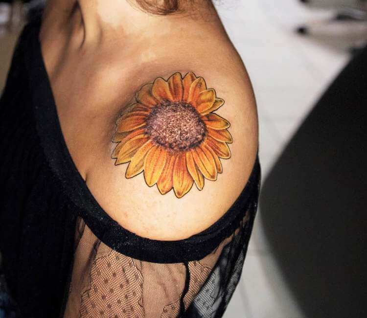 Shoulder Sunflower by BJ Giacco Tattoo Demon Colorado Springs My first  tattoo  rtattoos