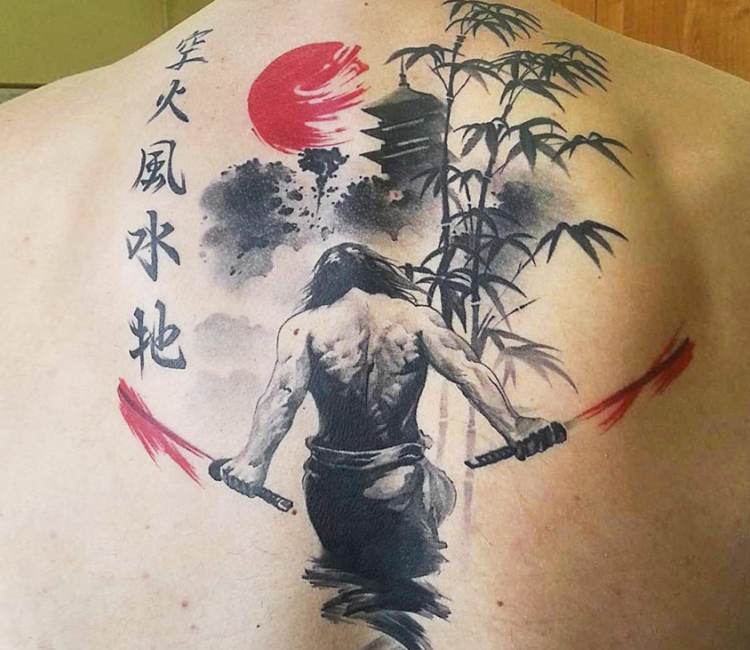 Grey Ink Samurai Warrior Tattoo On Full Back