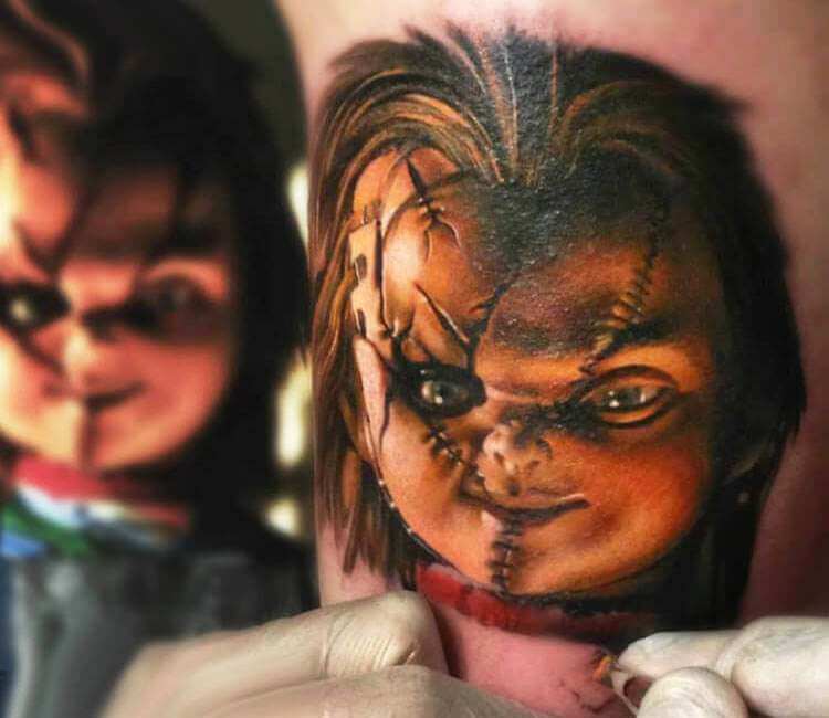 Tattoo uploaded by Stacie Mayer  Chuckys still as terrifying in black and  grey Tattoo by Paul Priestley Chucky ChildsPlay horror doll realism  blackandgrey PaulPriestley  Tattoodo