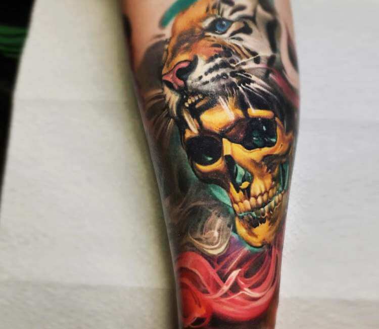 Skull with Tiger head tattoo by Sergey Shanko | Post 25193