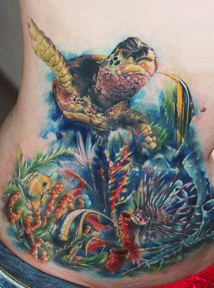 Realistic sea turtle on back, start of an ocean scene By Chris Burke at  Serenity Ink Milwaukee : r/tattoo