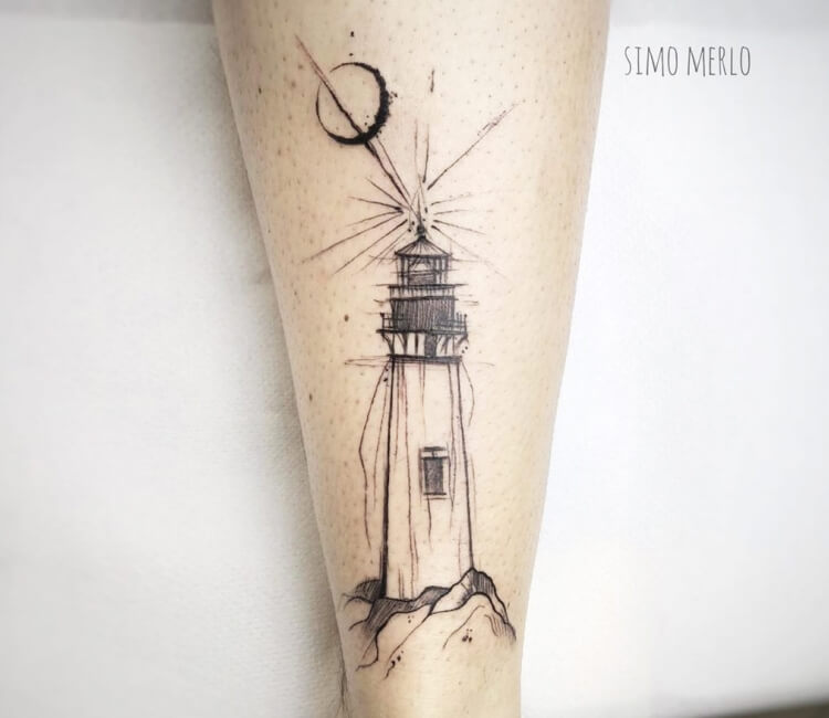 Sketch work lighthouse tattoo on the inner forearm