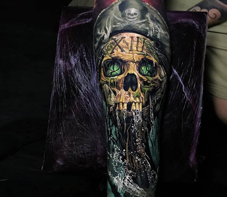 Tattoo uploaded by Jonathan Van Dyck  Pirate skull tattoo by Eugenios  Simopoulos EugeniosSimopoulos sailortattoo piratetattoo skulltattoo  color  Tattoodo