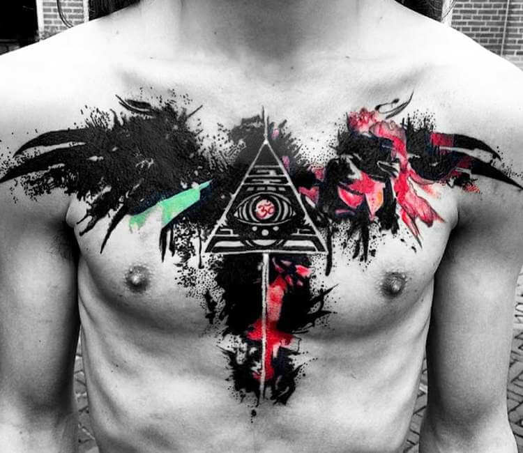 Abstract geometry sleeve and chest tattoo