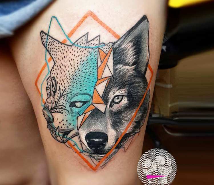 geometric wolf face tattoo