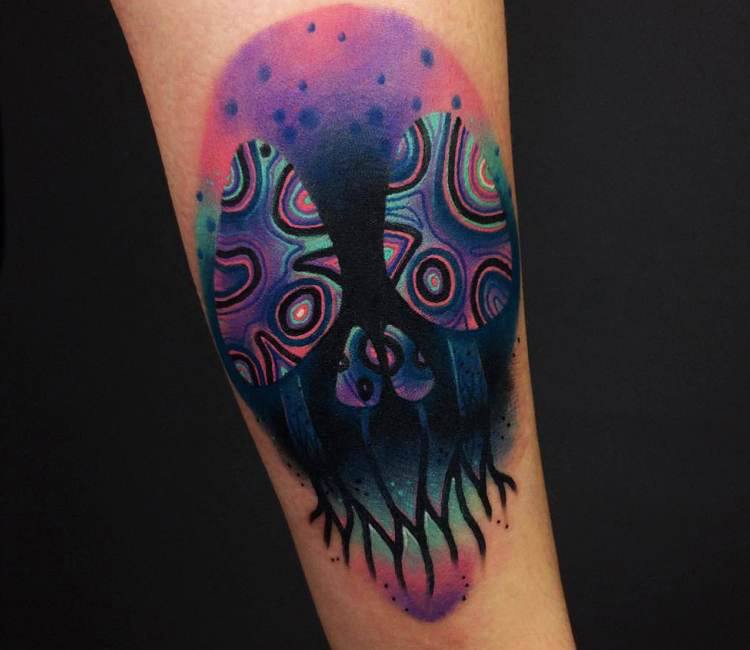 Tattoo tagged with leaf beetle dots moon mushroom etching bear  vegan skull thigh  inkedappcom