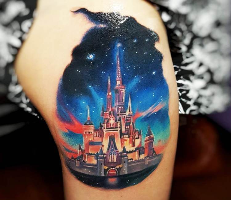 My disney world castle thigh tattoo by Rachael Miller at Alchemy Moon  Collective UK  rtattoos