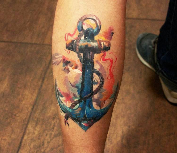 Custom anchor tattoo on the calf - Tattoogrid.net