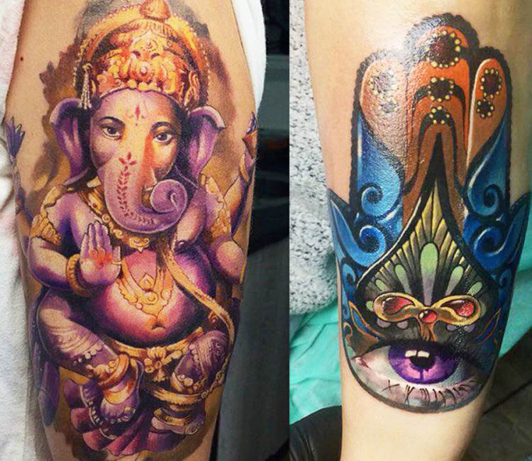 Religious Ganesh Thigh Tattoo by Michael Litovkin