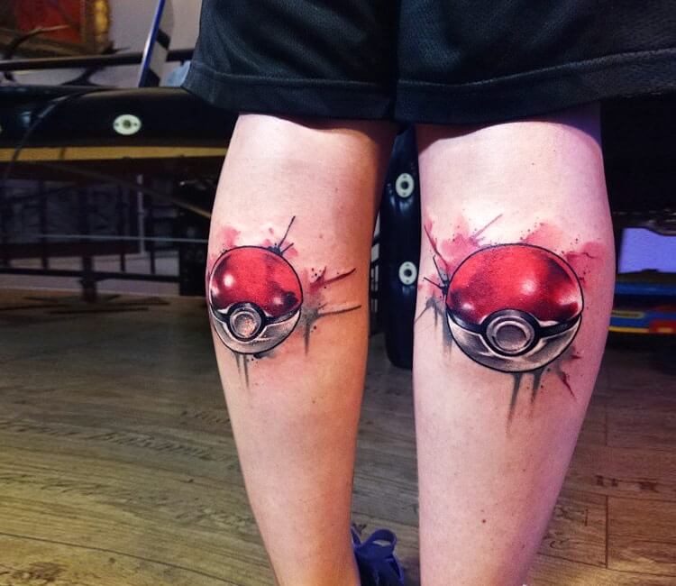 New Skool Tattoos - Artist Ty Marie gotta catch all the butt tattoos!  Amazing job on this realism #Pokeball We have availability all week 👍  ______ #pokemon #pokemontattoos #pokeballtattoos #realism #color  #geektattoos #