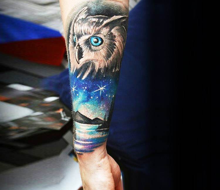 Stunning Owl Tattoo with Tree and Sky