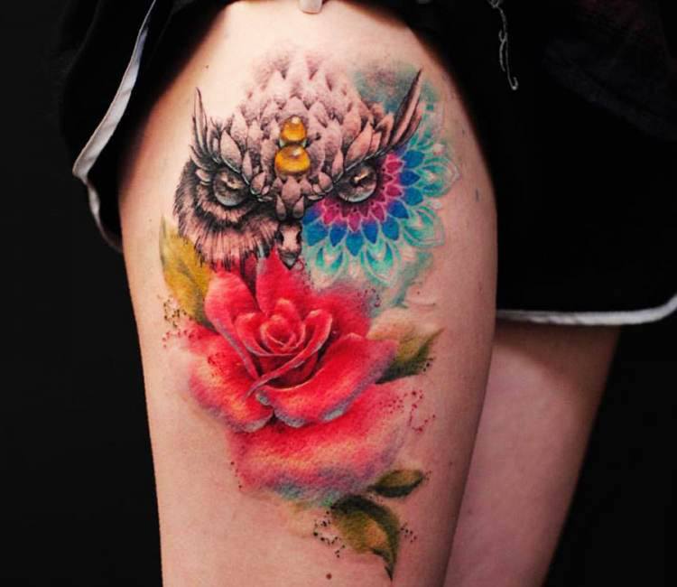 Tattoo of Owls Roses Flowers