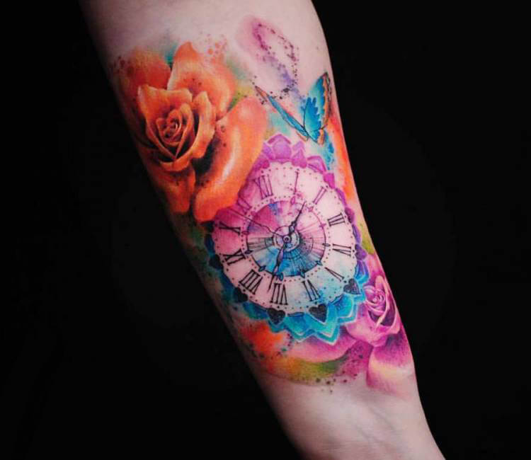 Grey Ink Rose Clock Tattoo On Left Hand by Paul Priestley