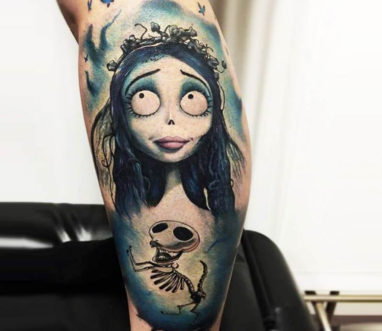 Colorful Corpse Bride Tattoos On Both Forearm
