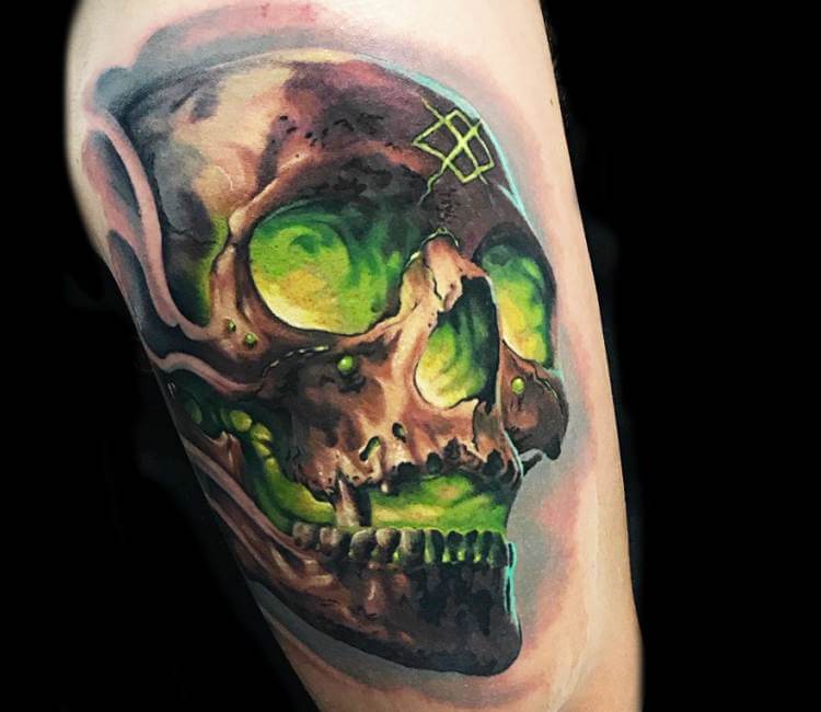 Black and green skull eyes and nose tattoo on upper right hand