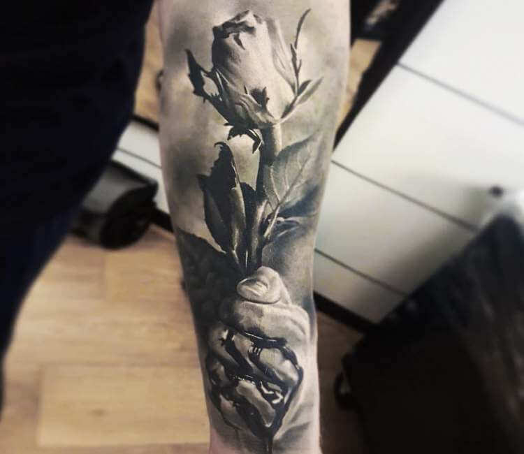 Skeleton hand with a rose by Chelsea Vachon at Inkwell in Kingston Ontario   rtattoos
