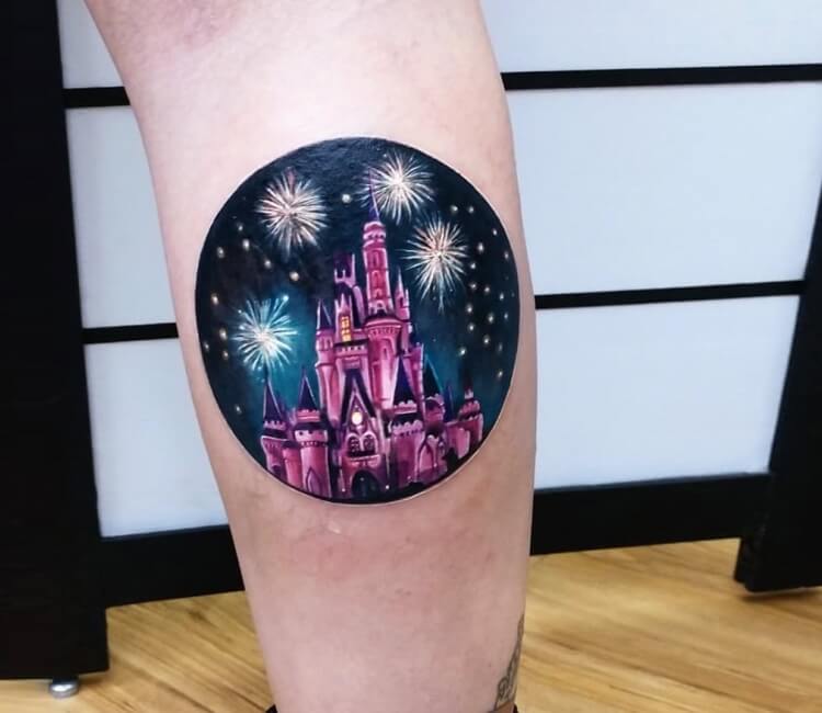Kawaii style Disney castle tattoo on the right leg