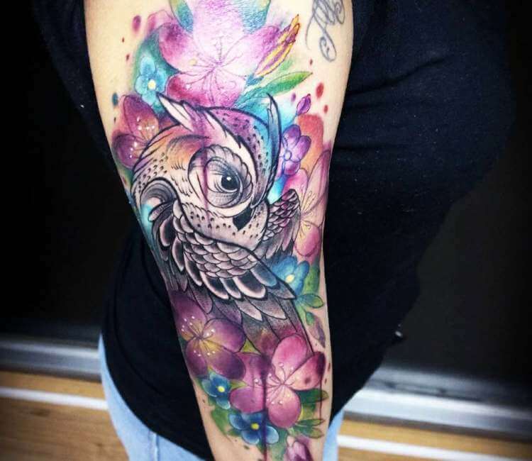 Shoulder Flower Owl Tattoo by No Remors Tattoo
