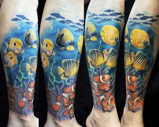 realistic color octopus puffer fish and bio sealife leg sleeve tattoo by  Sorin Gabor  Tattoos