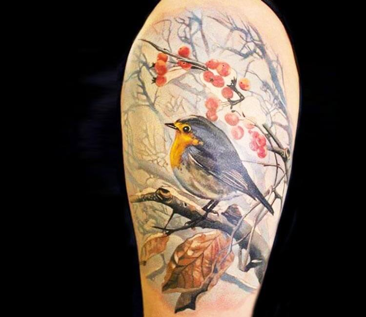 Fine line matching birds on a branch tattoo for
