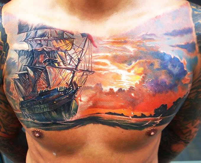 Traditional Ship and Roses Chest piece Tattoo by Ben Rorke TattooNOW