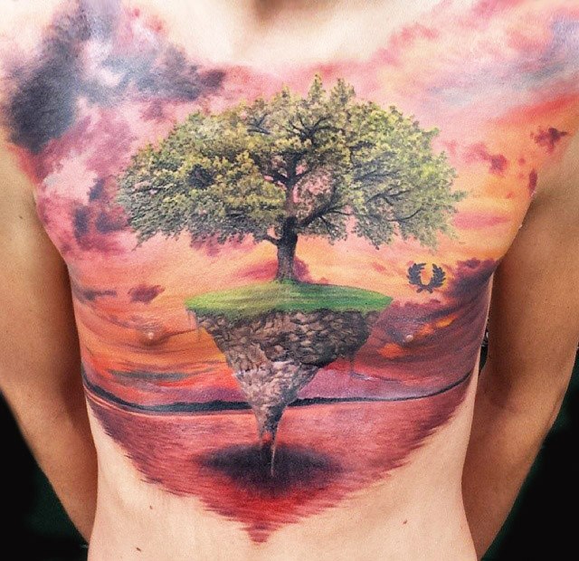 Color Tree Tattoo On Chest